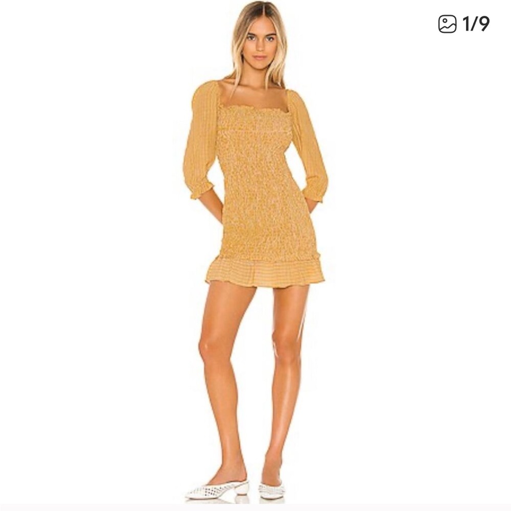 NWOT Faithfull The Brand EscSaada Ceretti Check Smocked Golden Yellow Mini S